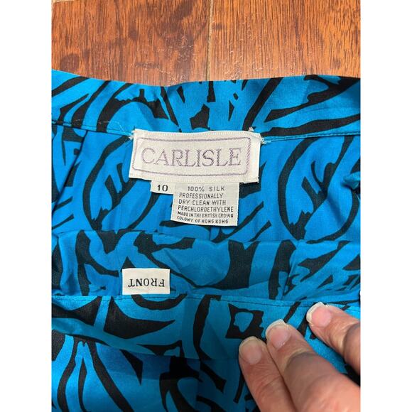 80s Silk Blue Black Leaf Block Boho Tribal Print Midi Skirt Modern Sz 4 - Picture 3 of 5